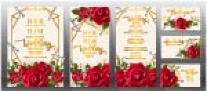 وکتور کارد و حاشیه با خطوط هندسی طلایی و گل های قرمز در پایین